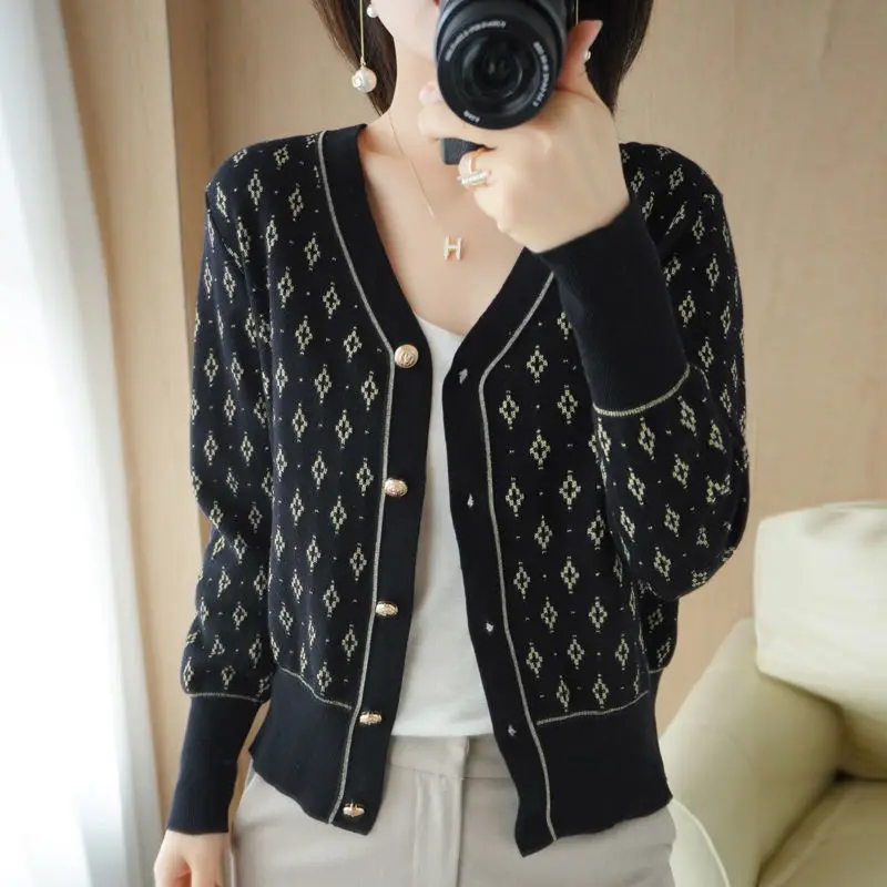 

Women Diamond Print Knitted Cardigan Chic V Neck Single Breasted Slim All-match Sweaters Elegant Long Sleeve Office Lady Outwear