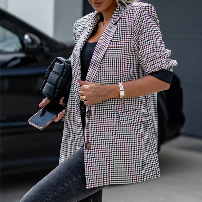 

Office Ladies Houndstooth Plaid Print Blazer Casual Early Long Sleeve Commute Jackets 2023 Lapel Collar Buttoned Suit Coats