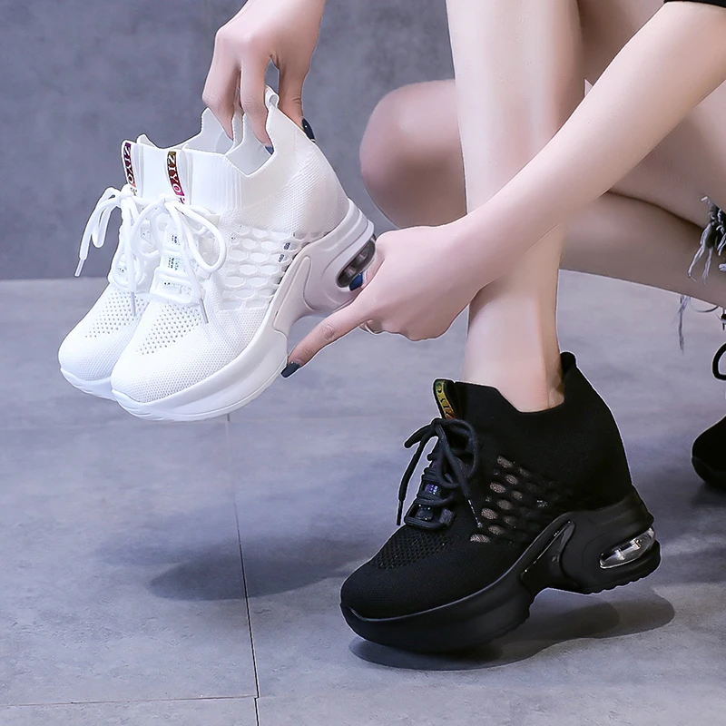 

New Summer Breathable Mesh Sneakers 9CM Hollow Out Sport White Shoes Woman Wedge Casual Chunky Shoes High Platform Dad Shoes