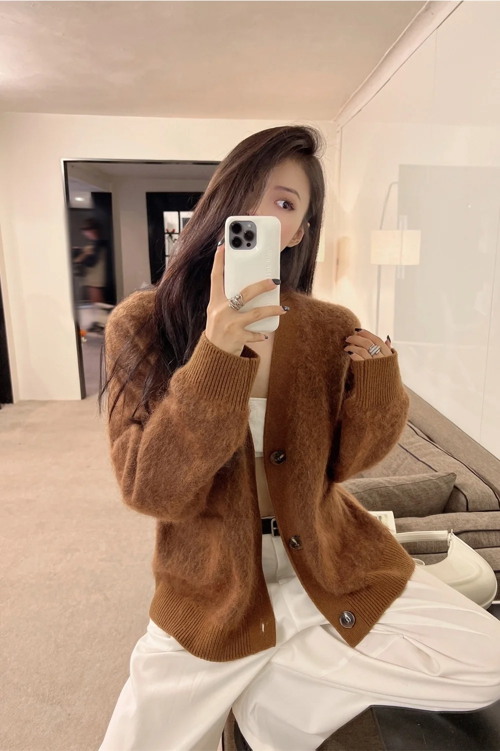 Xiaojingjia в том же французском стиле вязаный мохеровый кардиган с напуском женский