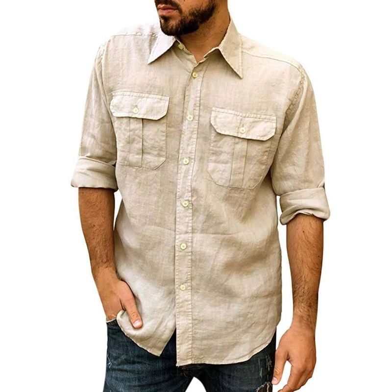 

Рубашка мужская хлопково-Льняная в стиле ретро, свободная повседневная футболка с лацканами, Модный Топ с длинным рукавом, Однотонная футбо...