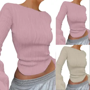 Women Sexy Slim Crop Shirt Long Sleeve Crewneck Fitted Tshirts Top Knit Fancy Women Tops Tunic Shirts for Women