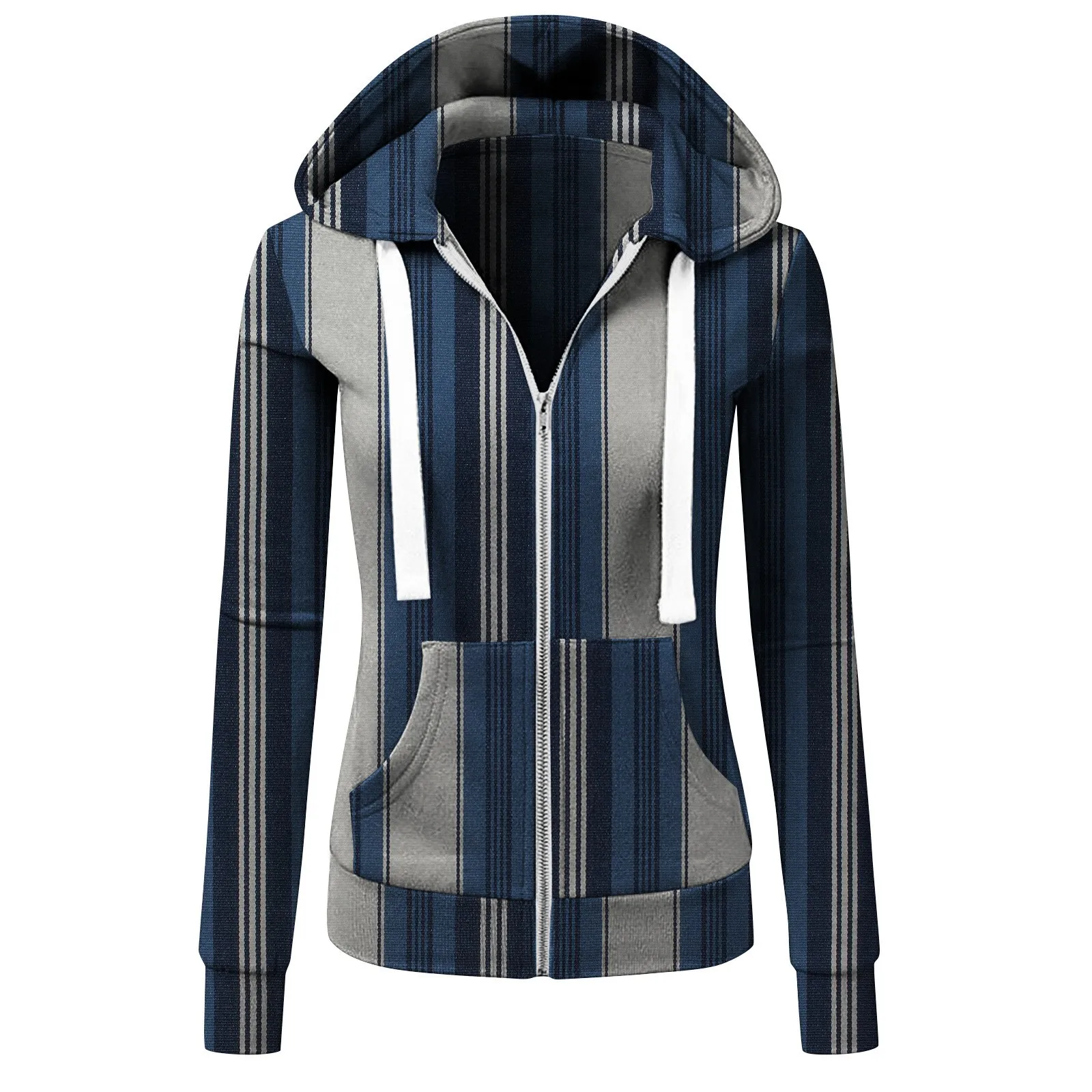 

Spring Zipper Hooded Sweatshirts Women Streetwear Long Sleeve Cardigan Top Clothes Female Loose Zip Up Hoodies Striped Vintage