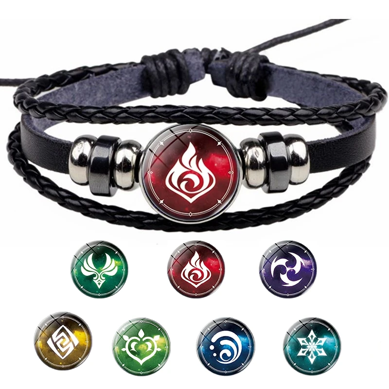 

New Classic Anime Genshin Impact Cosplay Bracelets Elemental Charm Multi Layer Leather Pulseras Punk Men Bracelet Jewelry Gifts