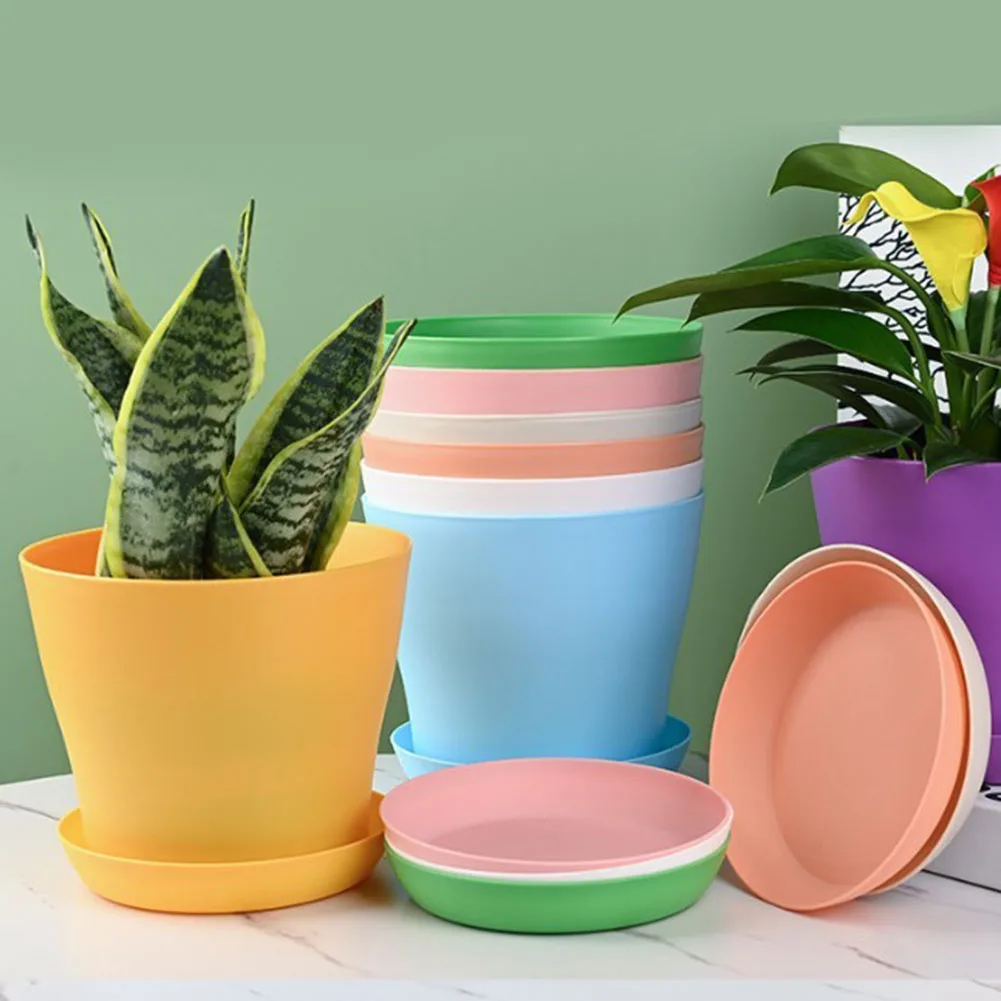 

Resin Flower Pot With Tray Colorful Green Potted Plants Plant Pots Home Office Decoration Garden Supplies