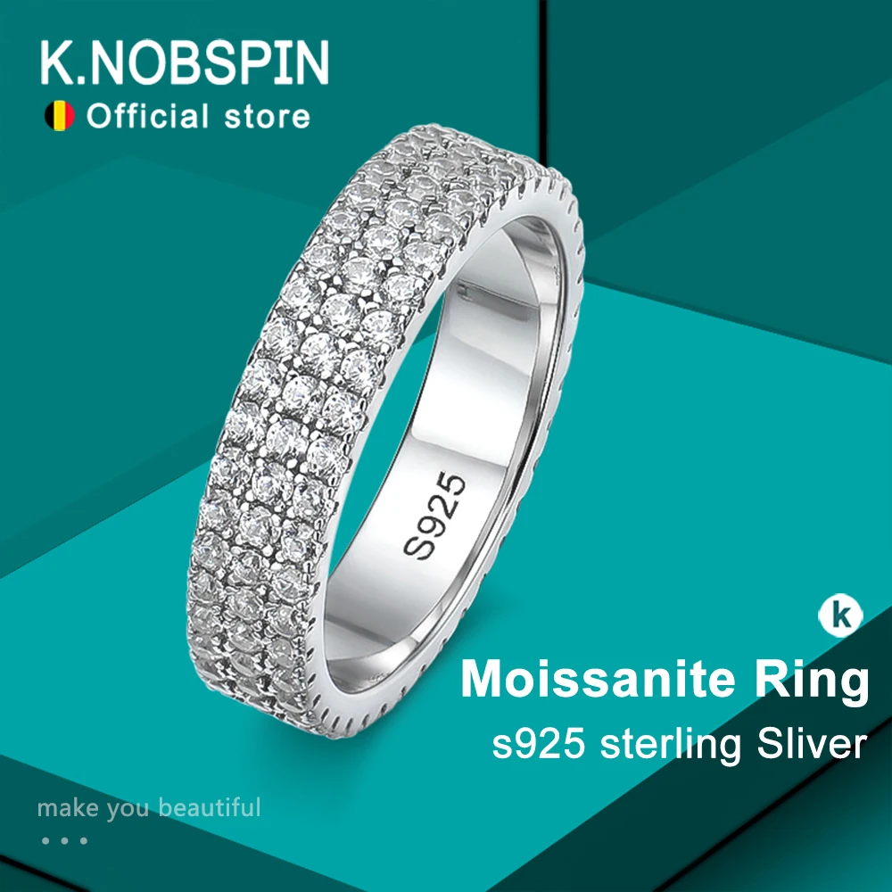 KNOBSPIN Кольцо с полным муассанитом 925 пробы с серебряным покрытием 18k Eternity Band Хип-хоп Кольца для женщин и мужчин Вечерние сверкающие украшения