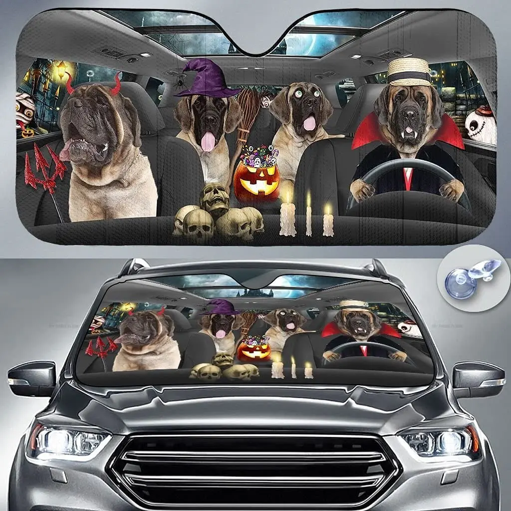 

English Mastiff Family in Costumes Halloween Driving Car Sunshade Windshield Window, Gift for Dog Mom, Car Windshield Auto Visor