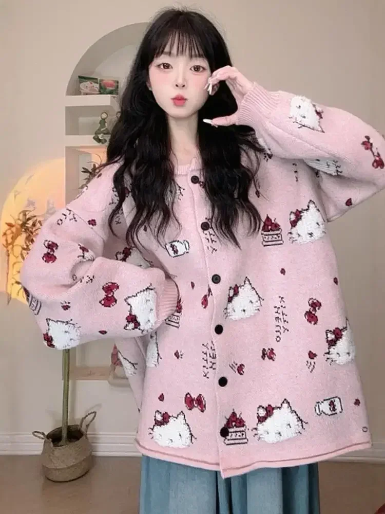 Свитер Sanrio Hello Kitty Girly Heart вязаный кардиган с круглым вырезом и длинными рукавами в