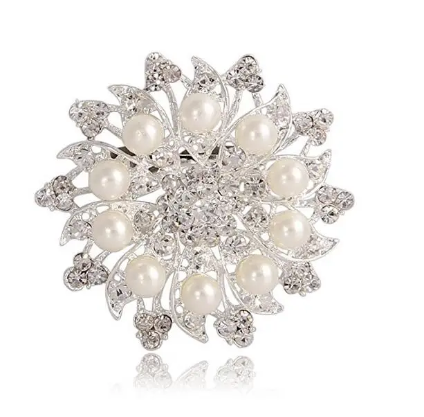 

2 Inch Rhodium Silver Plated Clear Rhinestone Crystal and Simulated Cream Pearl Jewelry Brooch