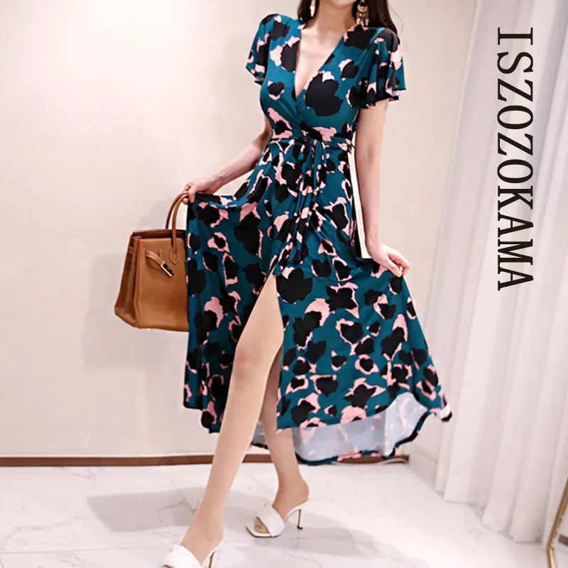 

ISZOZOKAMA Long Elegant print one piece Dress for Summer korea Short Sleeve V neck cotton Ladies Office Sexy Maxi Dresses