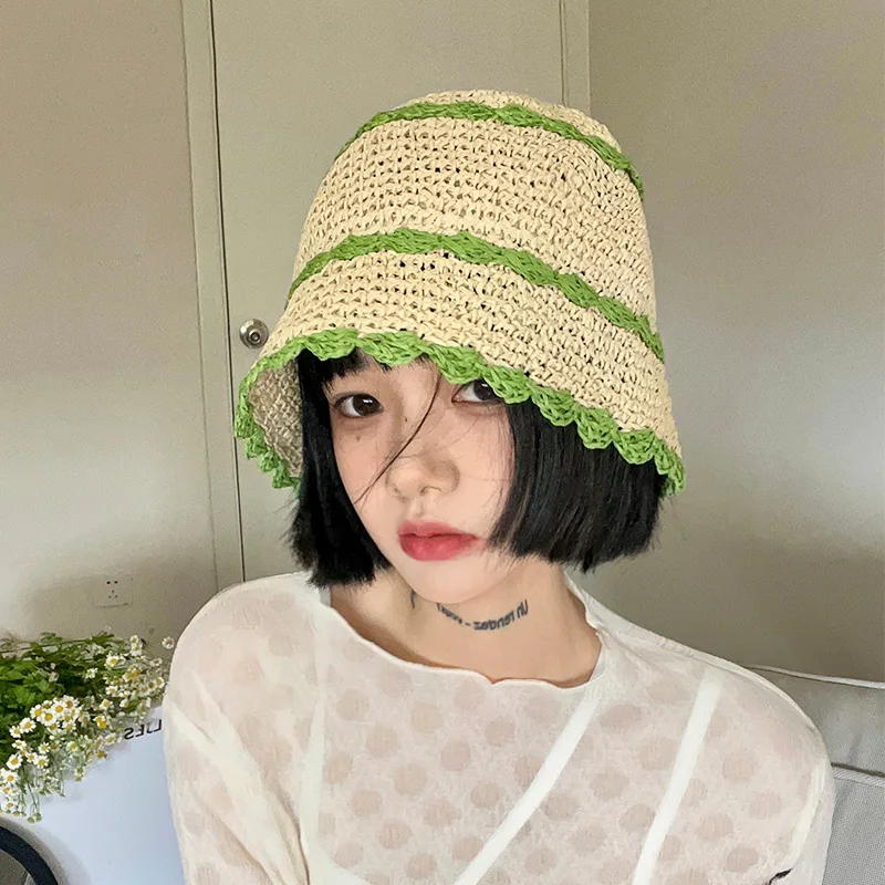 

2022 summer Women's bucket hat Straw made rainbow Crochet foldable Riffia Straw Panama hat female beach sun visor Cap Wholesales