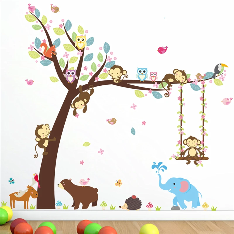 

Cute Animal With Large Tree Wall Stickers For Kindergarten Kids Room Home Decorations Diy Monkey Owl Safari Mural Art Pvc Decal