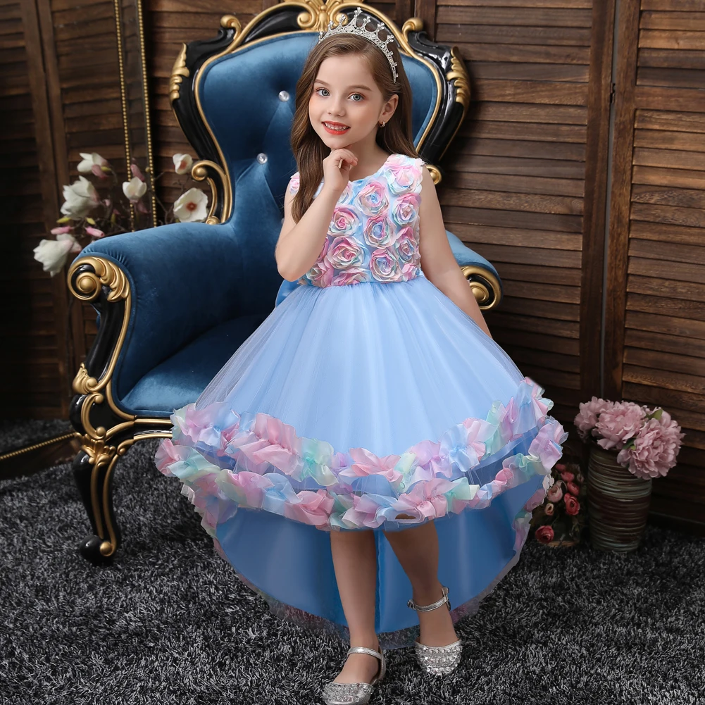 

3D Rose Pattern Clothing for Girls of 10 Year Old Long Tail Pink Gown Elegant Western Style Flower Kid Wedding Dress