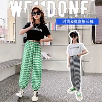 2022 summer child clothes girls pants checkerboard sweatpants ice silk baby joggers plaid trousers teens 7 9 10 11 12 13 years