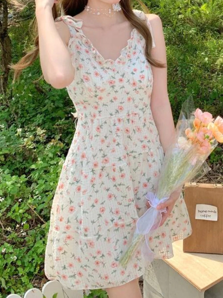 

Summer Floral Print Strap Elegant Dresses For Women Kawaii Casual Mini Party Vestidos Female Fashion Sexy Clothes Outfits