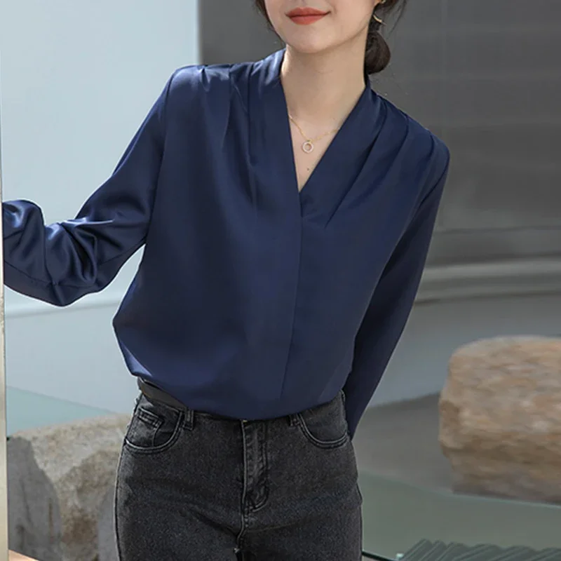 Новая женская блузка с v-образным вырезом белая офисная длинным рукавом рубашка