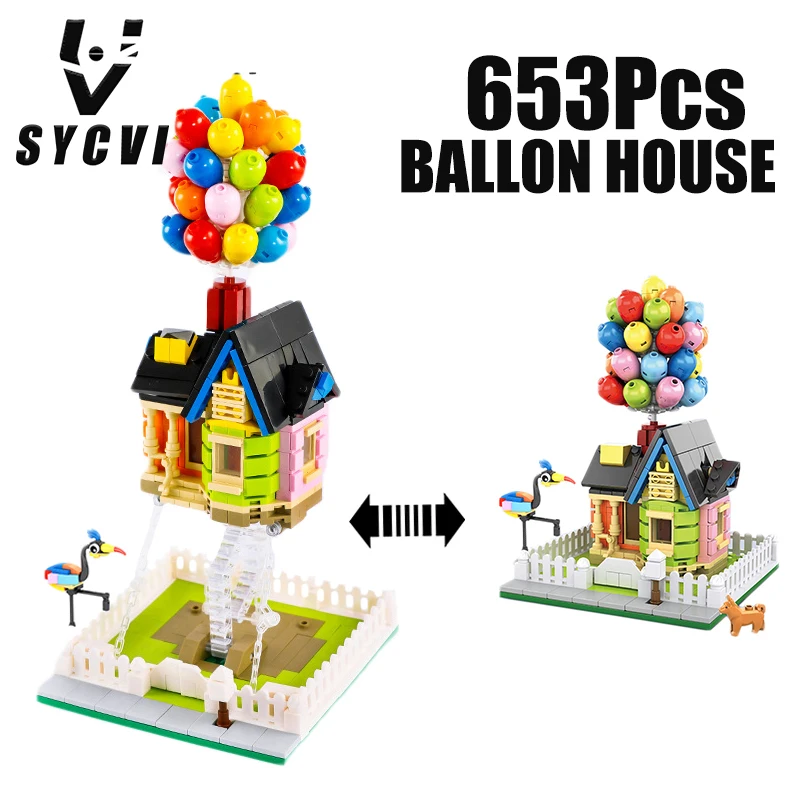 

653 pc building block house balloon flying house global story overall sculpture modular city building block house children's toy