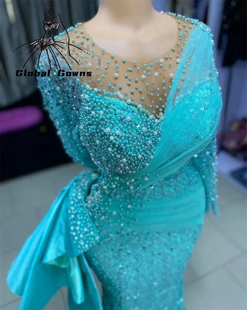Купи Lake Blue Sheer O Neck Evening Dress Beaded Pearls Birthday Party Dresses Mermaid Formal Gown Pleats Robe De Bal за 13,740 рублей в магазине AliExpress
