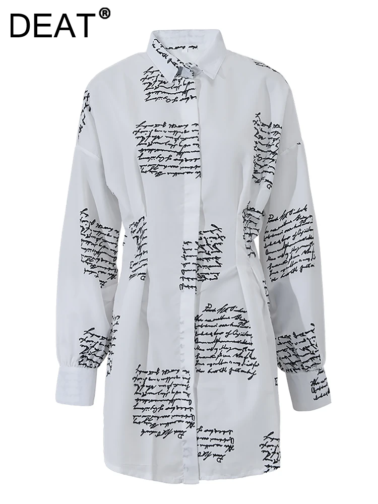 

DEAT Fashion Women's Shirt Lapel Loose Single Braested Crumpled Waist Letter Printed Thin White Blouse Summer 2023 New WK316