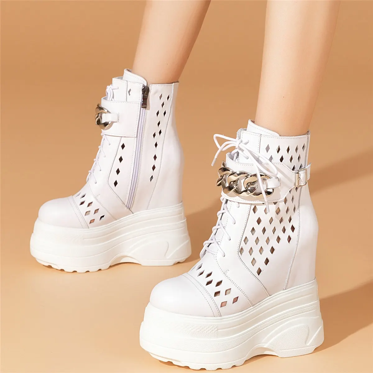 

Hollow Platform Pumps Shoes Women Lace Up Genuine Leather High Heel Ankle Boots Female Round Toe Fashion Sneakers Casual Shoes