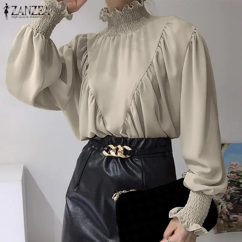 

Модная однотонная блузка 2022 года, Женская Повседневная рубашка с высоким воротником и длинным рукавом ZANZEA, элегантная офисная блузка, женск...