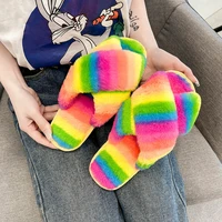 winter women plush slippers colored wool slippers home indoor open toe cotton slippers fashionable flat bottom non slip slippers