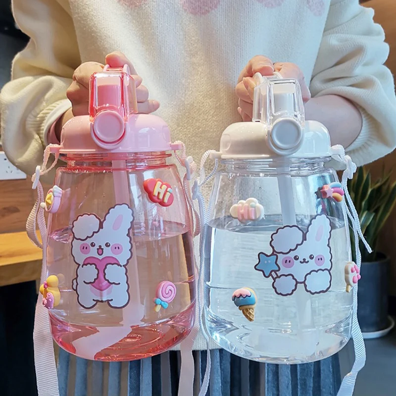 

1300 ML Large Capacity Outdoor Sports Water Bottle With Straw Strap Creative Cute Sticker Portable Plastic Kids Sippy Water Cup
