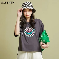 saythen womens 2022 new spring and summer letter printing cotton short sleeved t shirt womens mid length loose top