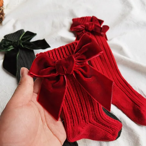 Зимние детские носки, плотные вязаные носки до щиколотки для девочек, теплые хлопковые детские носки с большим бантом, носки для малышей от 0 до 5 лет