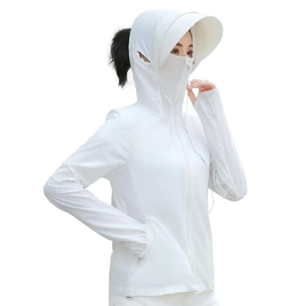

UV Sunscreen Clothes Women Outdoor Sun Protective Tops With Headphone Hair Hole Anti-uv Wide Brim Breathable Thin Hooded Jacket