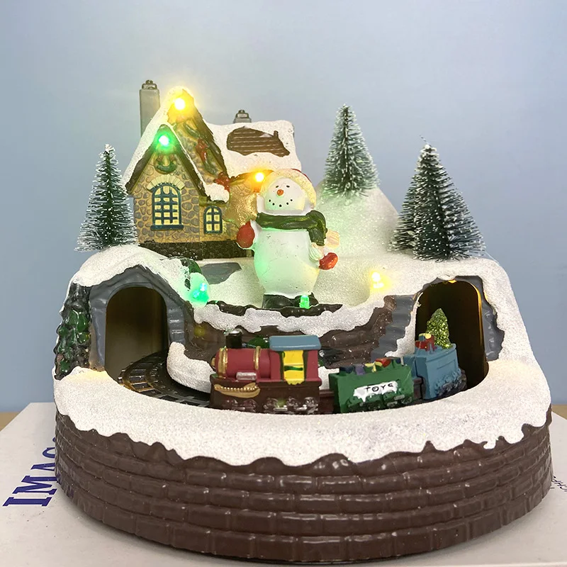 

Christmas Village Houses Christmas Tree Revolving Glowing Music Ornaments Train House Santa Claus Snowman Navidad Gifts for Kids