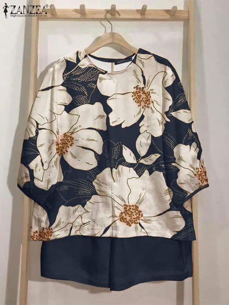 Летний женский короткий костюм ZANZEA 2 шт. богемный спортивный с коротким рукавом