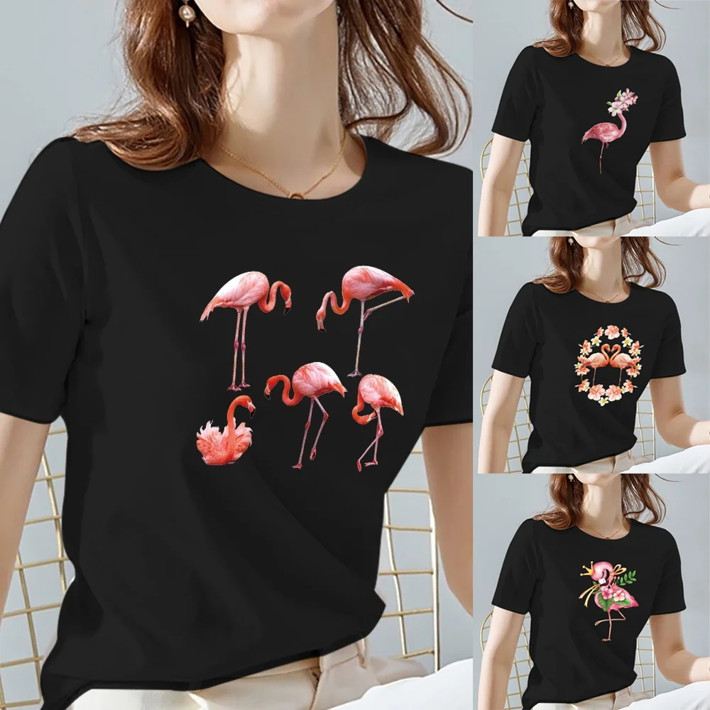 

Women Tops Tee Black All-match Casual Ladies T-Shirts O Neck Flamingo Pattern Print Commuter Short Sleeve Women's Clothing
