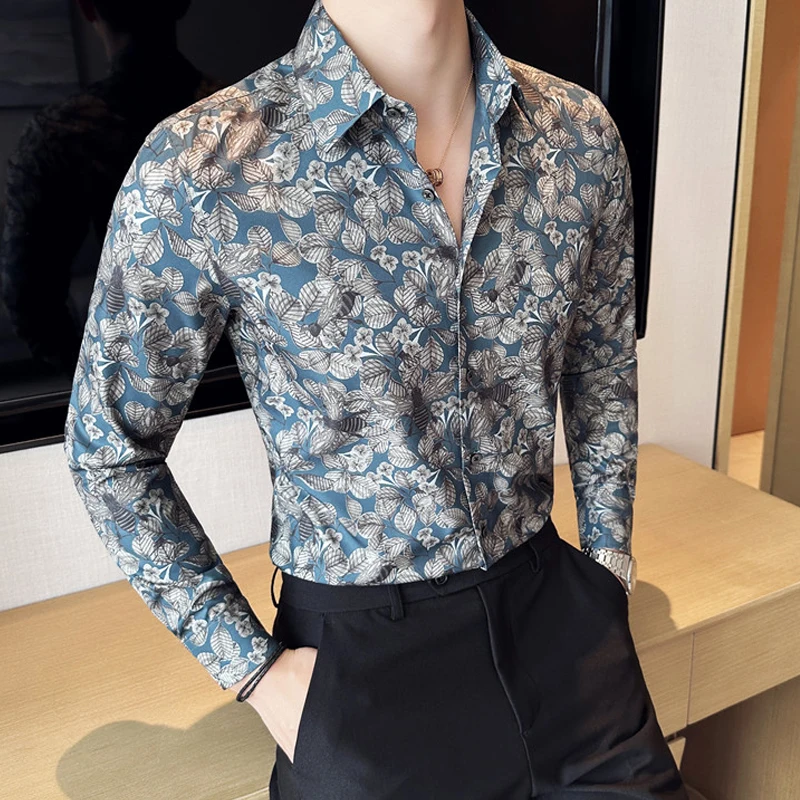 

Рубашка и Блузка мужская с длинным рукавом, деловая Повседневная Блузка с цветочным принтом, на пуговицах, уличная одежда, весна-осень