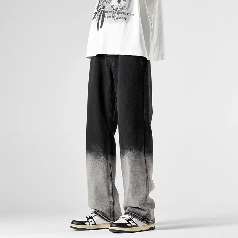 Blue Black Jeans Men Fashion Retro Gradient Straight Jeans Men Japanese Streetwear Hip-hop Loose Denim Pants Mens Trousers M-2XL