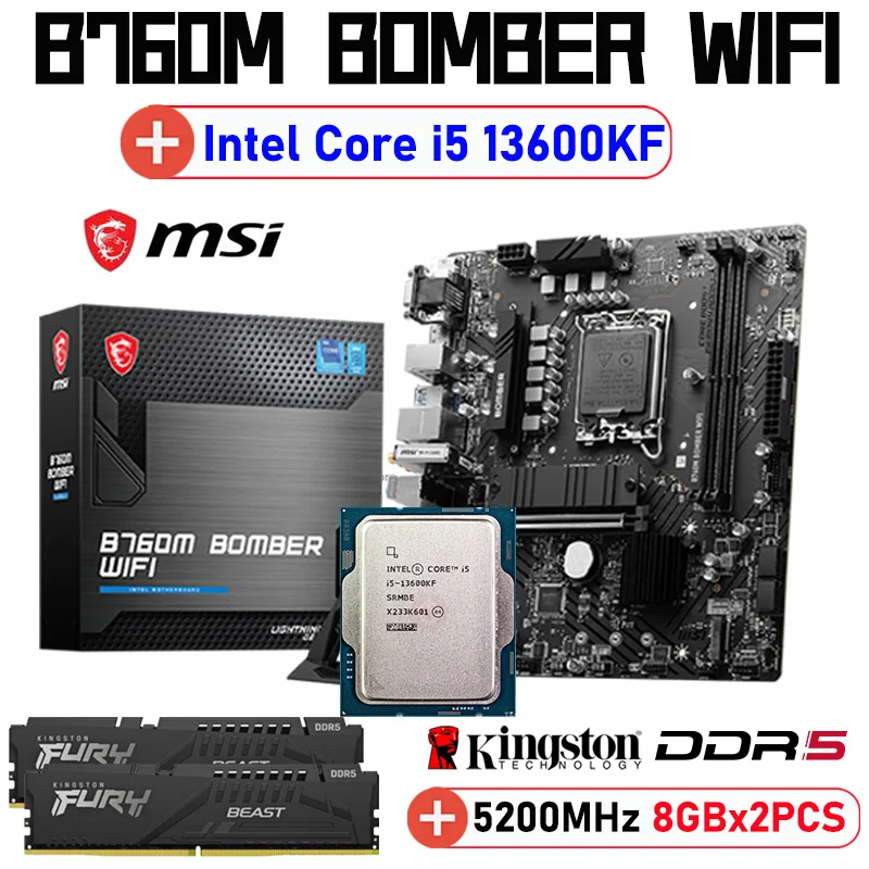 

MSI Motherboard Desktop LGA 1700 B760M BOMBER WIFI DDR5 With Intel Core i5 13600KF CPU+Kingston RAM DDR5 5200MHz 8GBx2PCS Kit