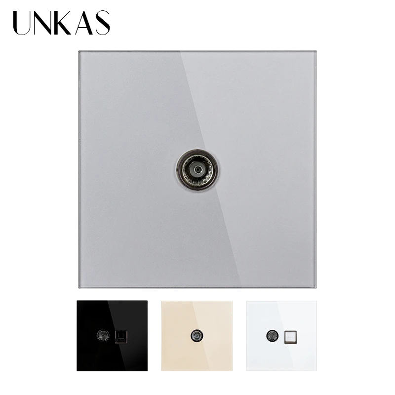 Настенная розетка UNKAS стандарта ЕС для телевизора, розетка из закаленного стекла для дома, розетка с интерфейсом для телевизора, розетка для дома стандарта 86*86 мм