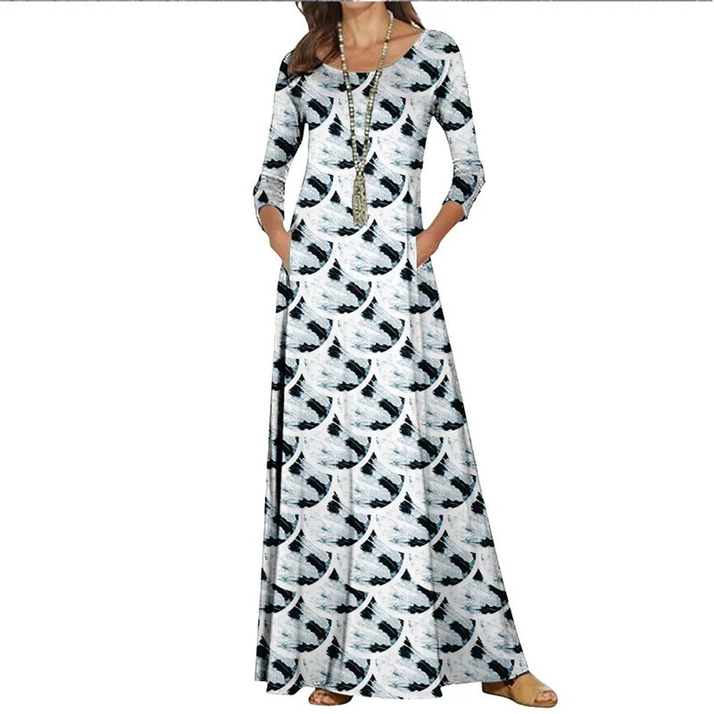 

Spring Summer Women'S Round Neck Long Dress Color Pattern Printing Fashion Collection Cross-Border Clothing Holiday