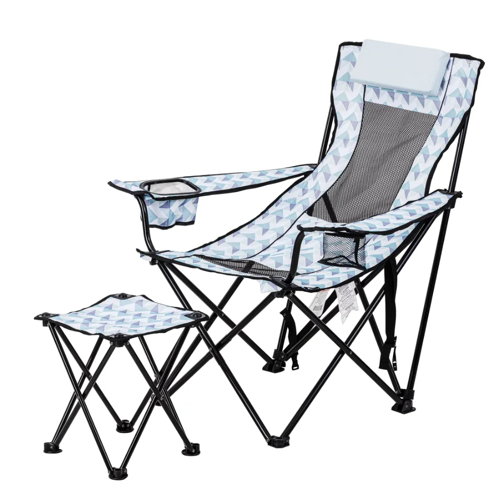 With Detached Footrest, Blue And White Geo Design, Padded Headrest, Adult