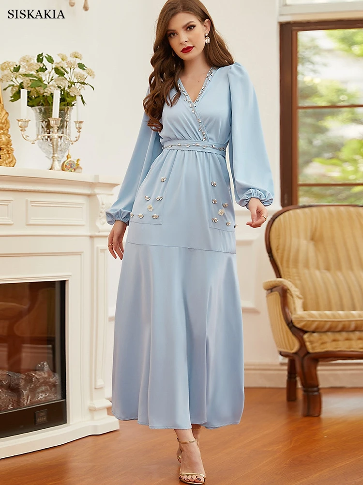 

Siskakia, ручная вышивка, стразы, цветы, марокканские, Caftan, Золотая лента, отделка, круглый вырез, короткий рукав, летние платья, атлас, элегантный...