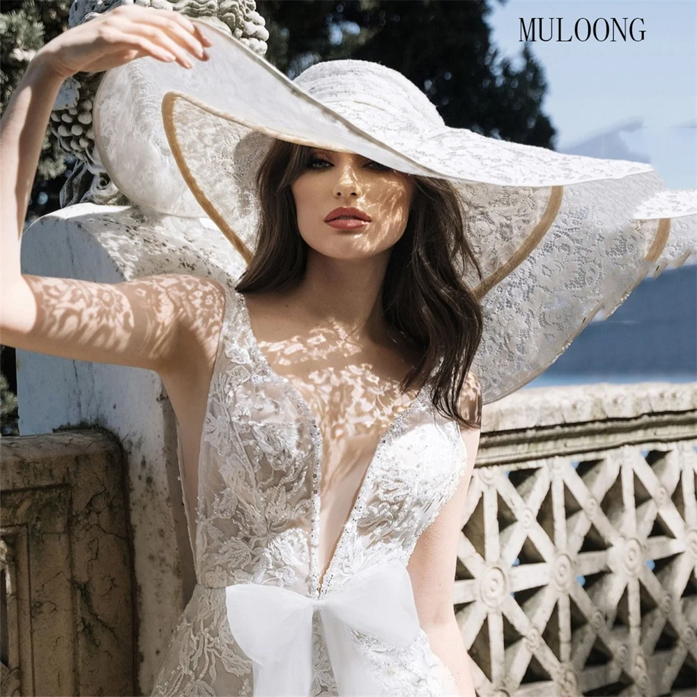 

MULOONG Elegant V Neck Sleeveless Lace Appliques Mermaid Long Wedding Dress Floor Length Sweep Train Gowns New Vestidos De Novia