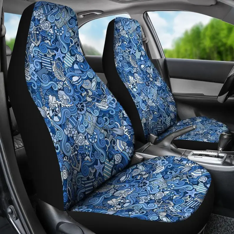 

Nautical Pattern Pair Of Micro Fiber Car Seat Covers (Sky Blue) - Great Gift For People Who Love Anything Nautical