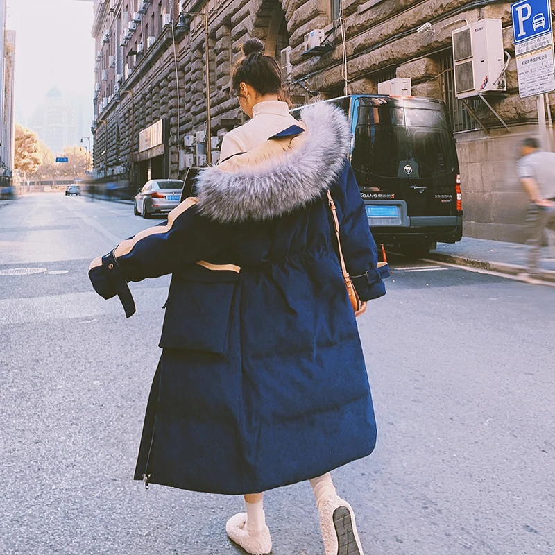Winter Jacket Women 2022 Korean Fashion Loose Navy Blue Hooded Long Cotton Coats Thick Corduroy Padded Parkas Famale Clothing