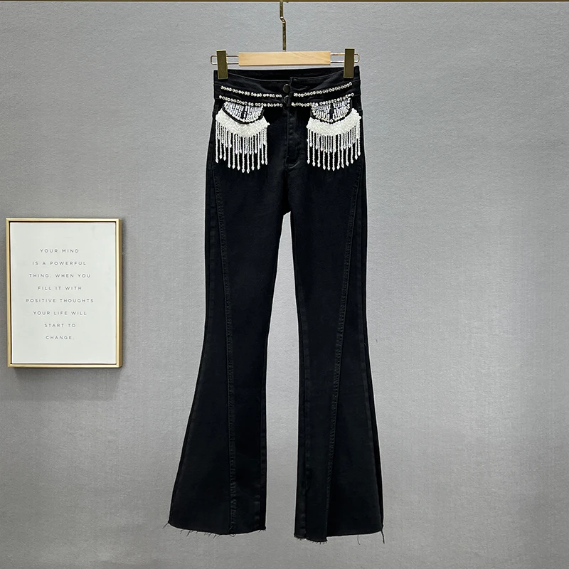 

Diamond Tasseled Jeans Women's Fashion Pants 2022 New Autumn Stretchy High Waist Slim Denim Trousers Girl Jean Bell-Bottom Pants
