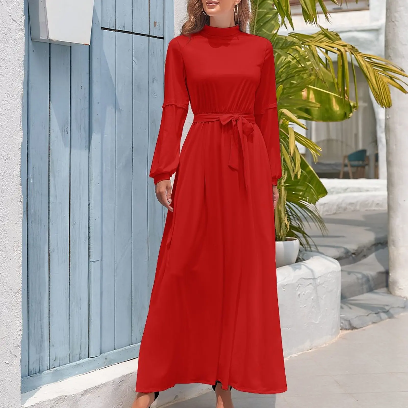 

Burgundy Woman Summer Long Dress Ankle-length High Collar A-Line Elegant Outfits Wedding Party Club Clothing 2023 Fashion