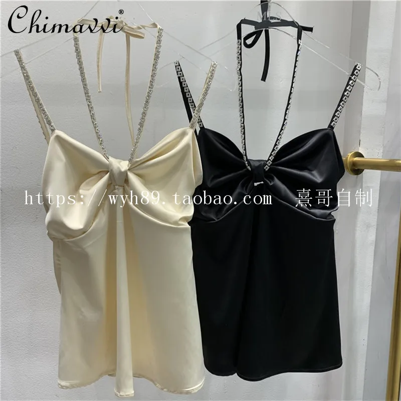 

2022 Early Spring Ladies European Elegant Sexy Slim Fit Camisole Women's Fashion Solid Diamond-Embedded Suspender Bow Sling Top