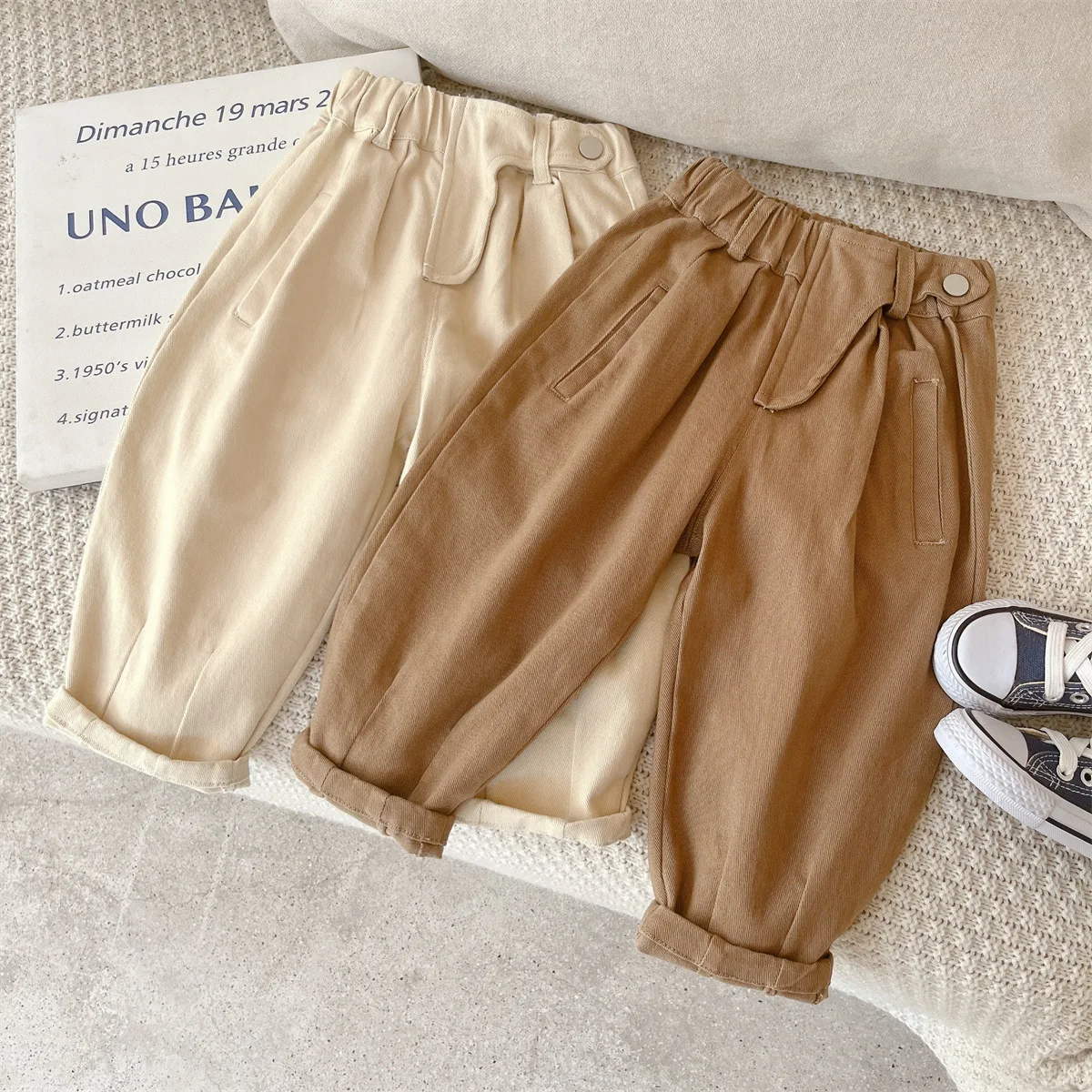 

Хлопковые Свободные повседневные штаны с карманами для малышей, Модные свободные детские брюки в Корейском стиле на осень, штаны, однотонные шаровары