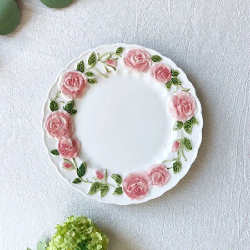 

Embossed Rose Ceramic Plate Coffee Cups Saucer Bowl Home Porcelain Dinnerware Plates Kitchen Tableware Dessert Cake Decor Plate