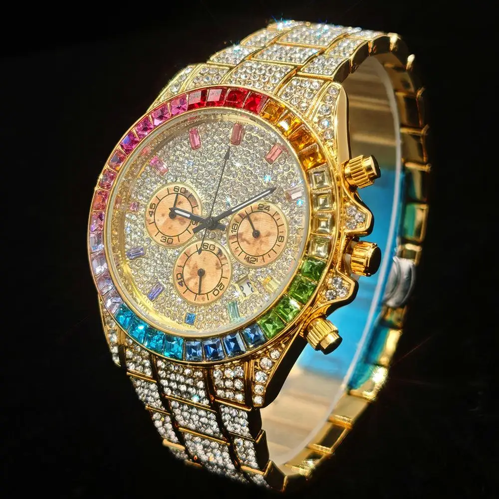 Модные часы со льдом, мужские брендовые часы UNIGUET, роскошные кварцевые наручные часы из нержавеющей стали в стиле хип-хоп с радужными бриллиантами, мужской подарок, дропшиппинг (art.: 3920ce4ea12ae) - 3920ce4ea12ae