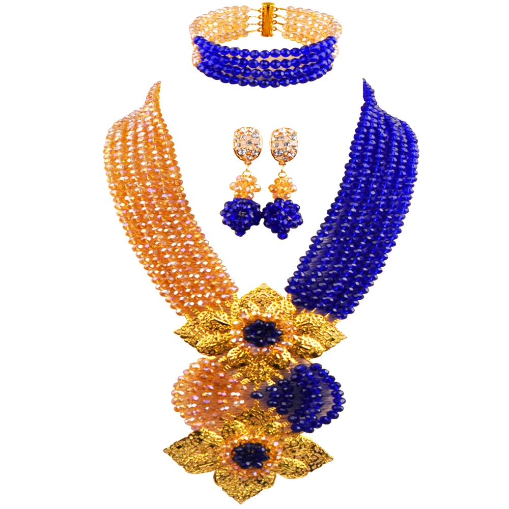 

Royal Blue Gold AB Crystal Necklace African Wedding Bride Jewelry Set